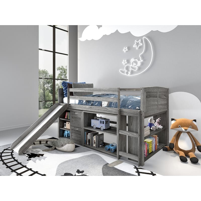 Twin-size Antique Grey Louver Storage Bookcase Loft Bed with Slide. - Loft Bed with 2Drawer Chest and 2 Bookcases - Antique Grey