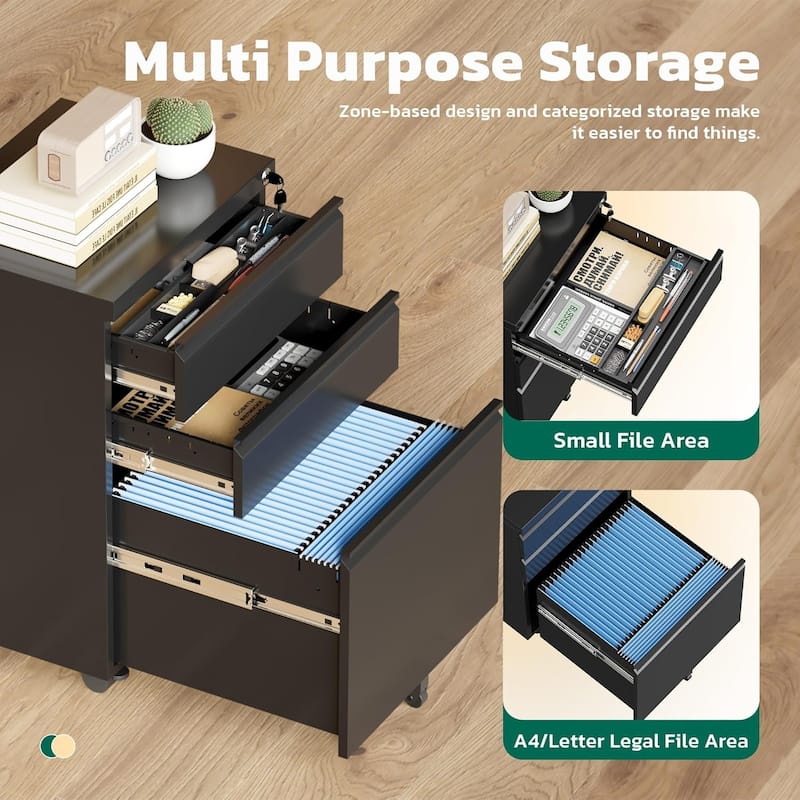 3 Drawer Metal File Cabinet, Mobile or Vertical Office Filling Cabinet