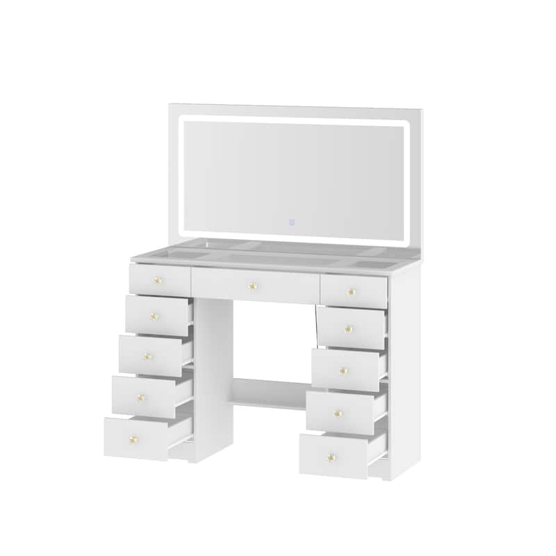 White Vanity Desk with Large LED Lighted Mirror & Glass Tabletop, Makeup Table with 11 Drawers