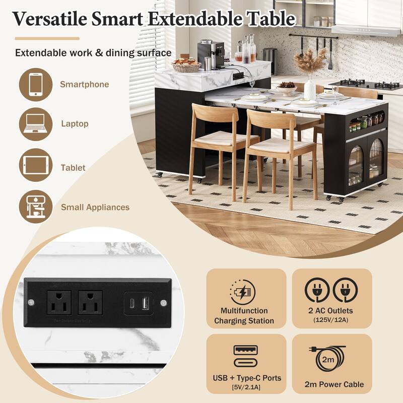 Extendable Dining Table & Rolling Kitchen Island Combo with Folding Top, Drawers & Power Outlet