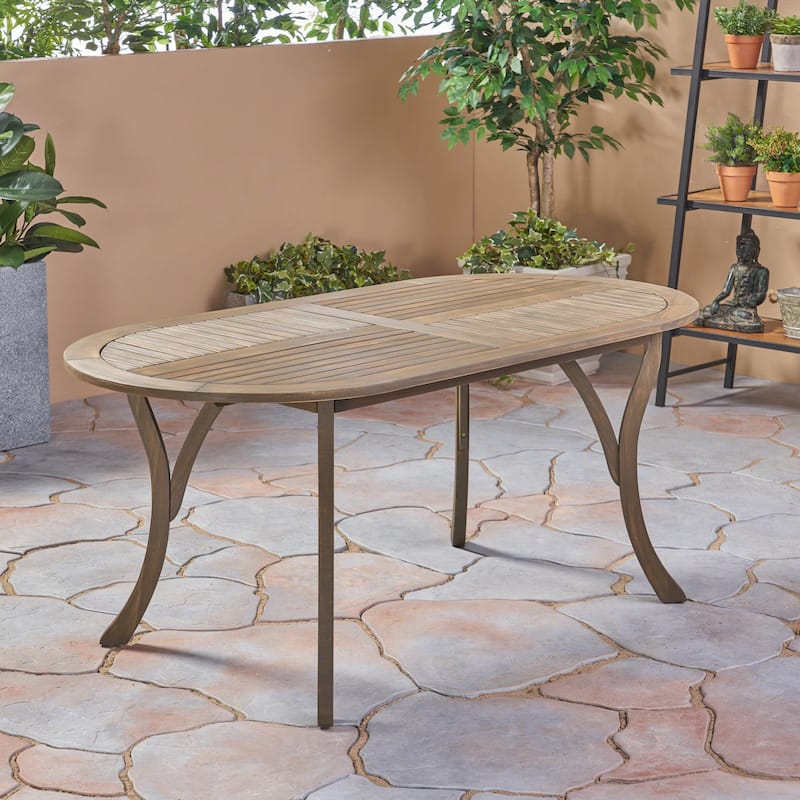 Acacia Wood Dining Table 70 Inch Oval Top Gray Finish Outdoor Patio
