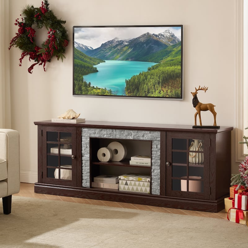 GDFStudio Alice Wood 70" TV Stand with Faux Stone Surround and 2 Door Storage