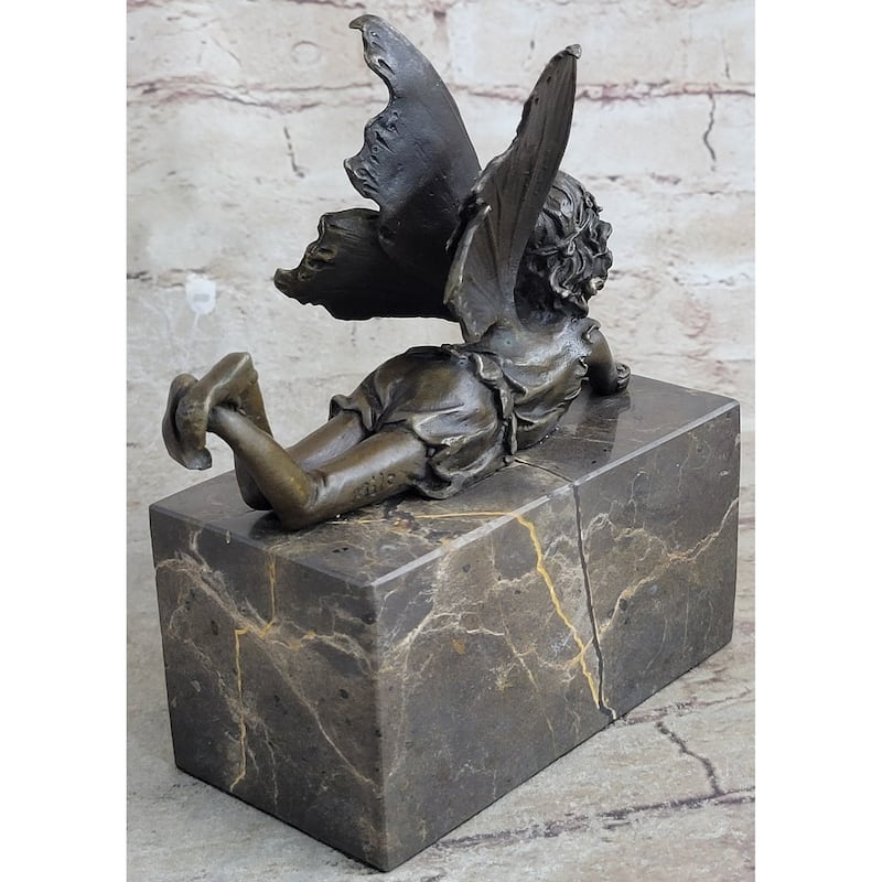 Fairy Child Young Girl Laying Down In Thought Bronze Metal Figure Statue Sculpture Marble Base