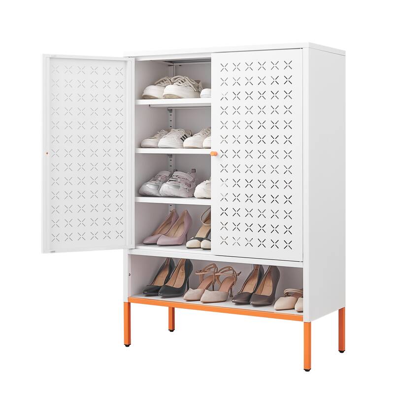 Anmytek Grid Double Door Shoe Cabinet with Adjustable Shelves & Hollow Shoe Storage, 15cm Moisture-Proof High Foot Design