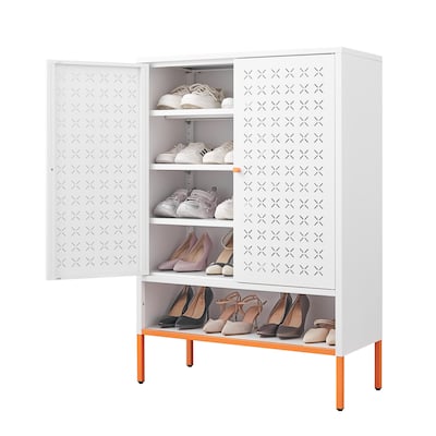 Grid Double Door Shoe Cabinet,3 Adjustable Compartments,Hollow Shoe Changing Compartment,Bottom 15cm Moisture-Proof High Foot