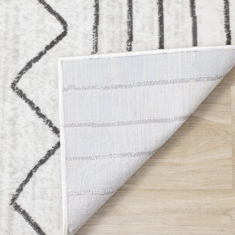Washable Grey White Neutral Tribal Patterned Area Rug