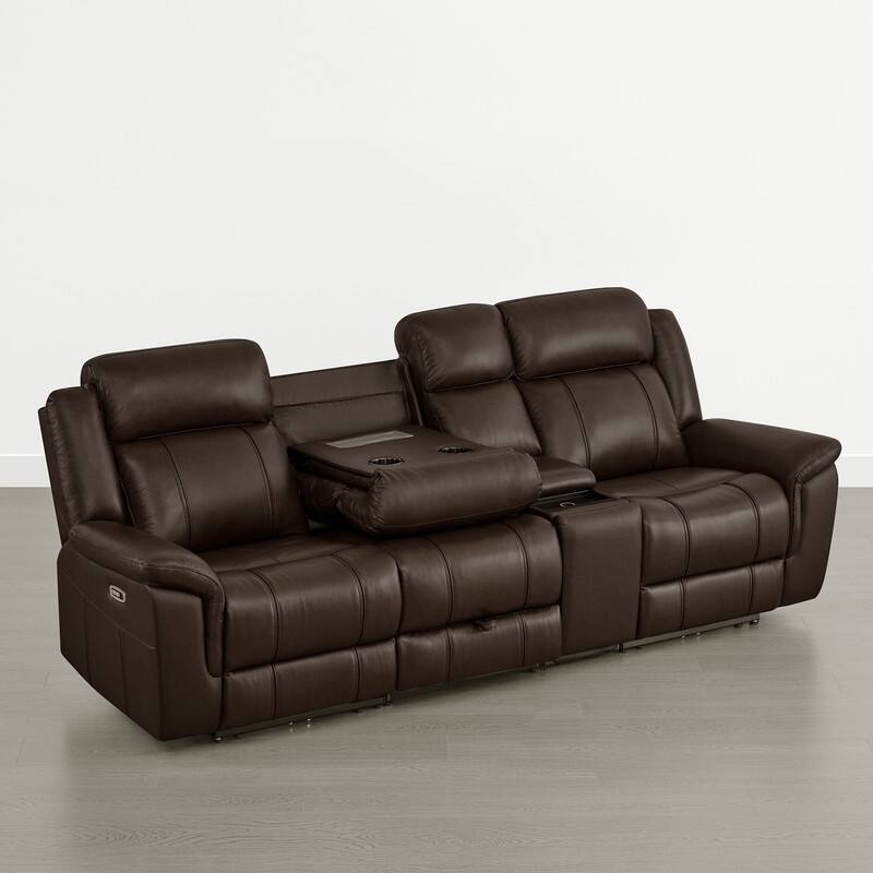 Spruce & Spring Genuine Leather Power Reclining Sofa with Optional Console & Flip-Down Table