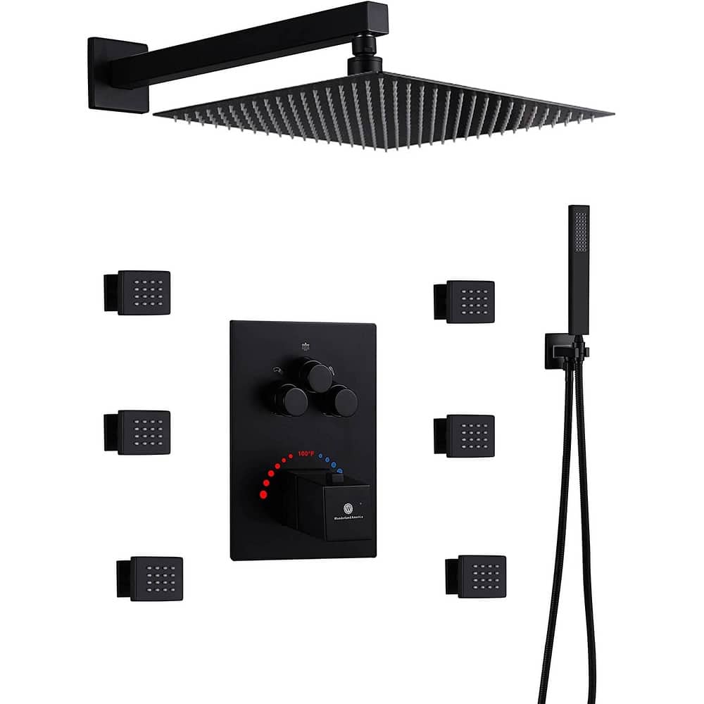 12" In Wall Rainfall 3 Way Thermostatic Faucet Shower System w/ 6 Body Jets