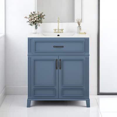 Retro 30 Inch Bathroom Vanity with Sink, Blue Freestanding Cabinet with Ceramic Basin and Soft Closing Storage