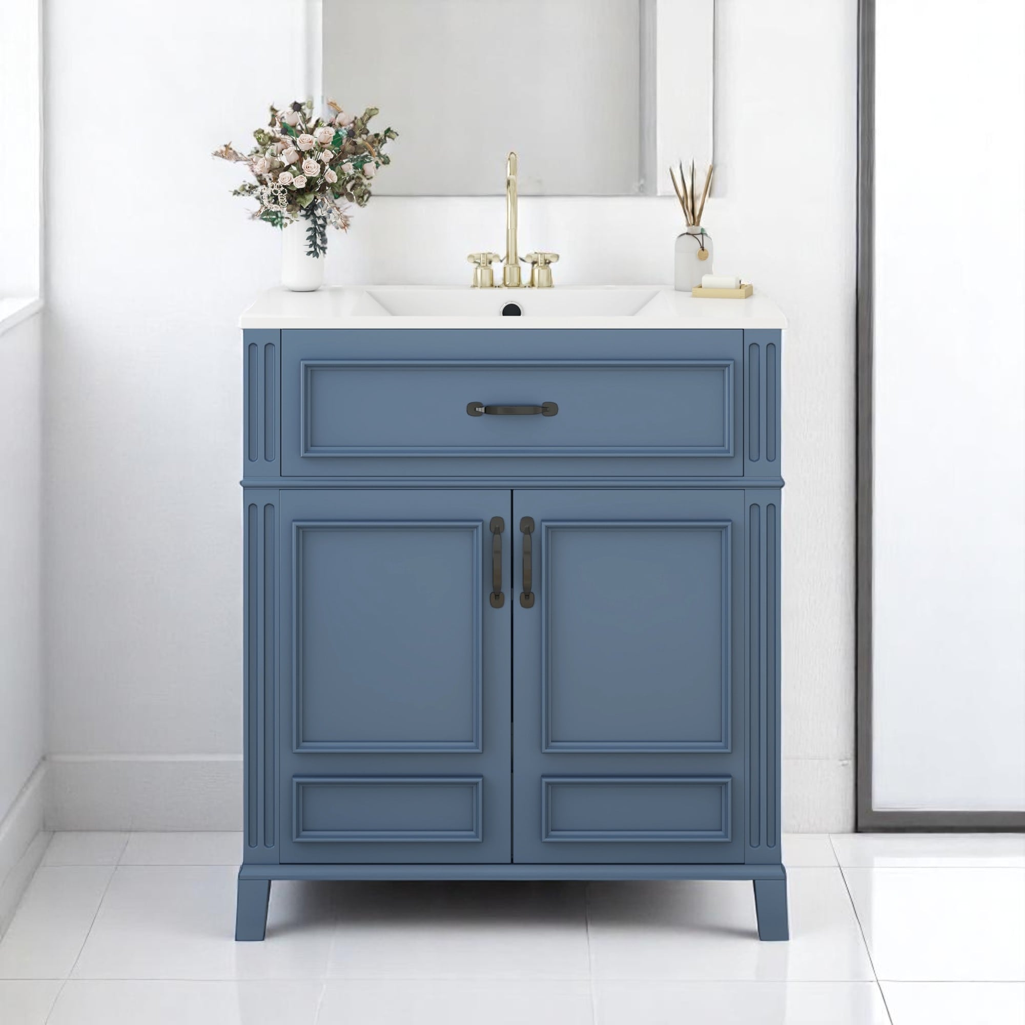 Retro 30 Inch Bathroom Vanity with Sink, Blue Freestanding Cabinet with Ceramic Basin and Soft Closing Storage
