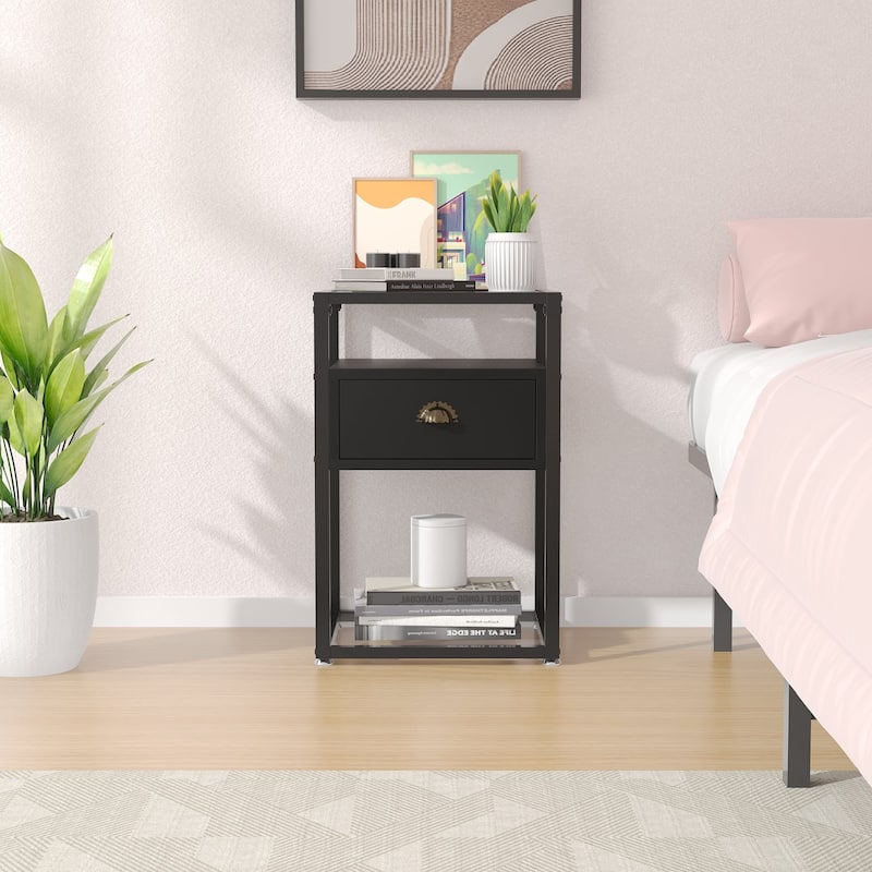 VECELO, Modern 1-Drawer Nightstand with 2-tier Glass Shelves