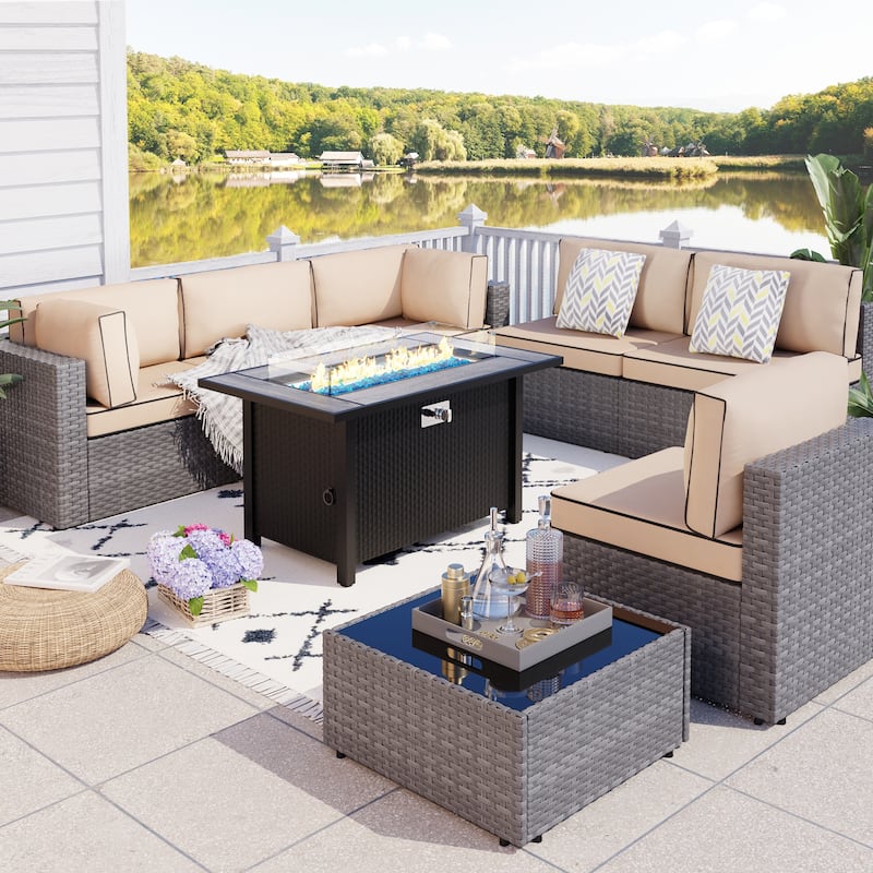 8 Piece Sectional Seating Group with Fire Pit - Khaki/Silver