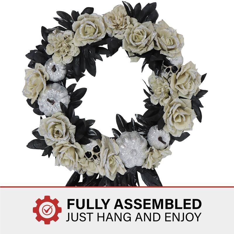 Haunted Hill Farm 15-In. Halloween Floral Wreath with Glitter Pumpkins and Skulls for Haunted House Hanging Decoration
