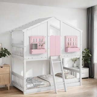 Artsy Twin over Twin Wood House Roof Bunk Bed with Roof, Window Box, Door, Safety Guardrails and Ladder