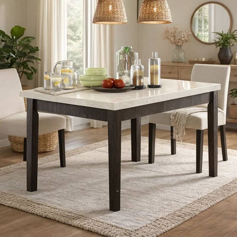 Wooden Counter Height Table With Marble Top, White and Black