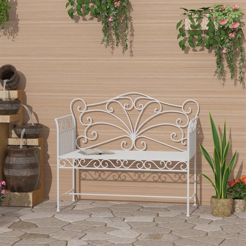 White Outdoor Garden Bench with Armrests for Patio - 44.75" L x 19.75" W x 37.75" H