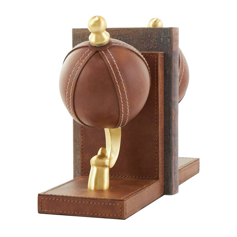 Brown Leather Handmade Stitched Globe Decorative Bookends with Brown Wood Base (Set of 2)