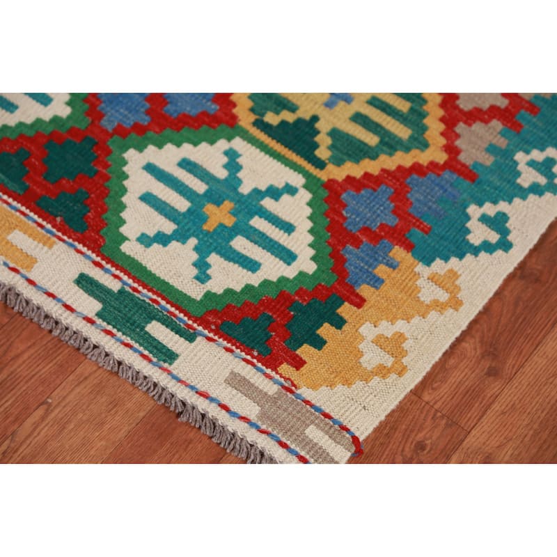 Multicolored Kilim Runner Rug Hand-Woven Geometric Wool Carpet - 2'10" x 16'0"