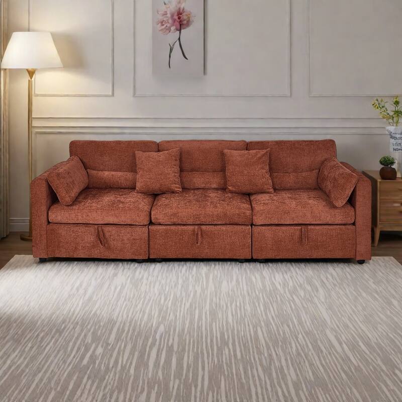 Chenille 3-Seater Sofa with Solid Wood Feet Support, and Rustproof Hardware Feet - Brown