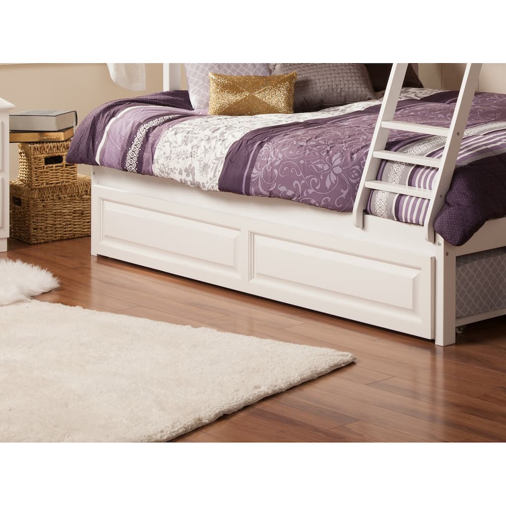 Twin Trundle Bed - Renaissance Panel Design, Smooth Rollers, Under Bed Storage, White Finish