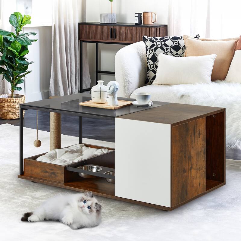 EROMMY Cat Coffee Table: Stylish End Table with Scratching Post, Feeding Station, and Cat Condos for Living Room