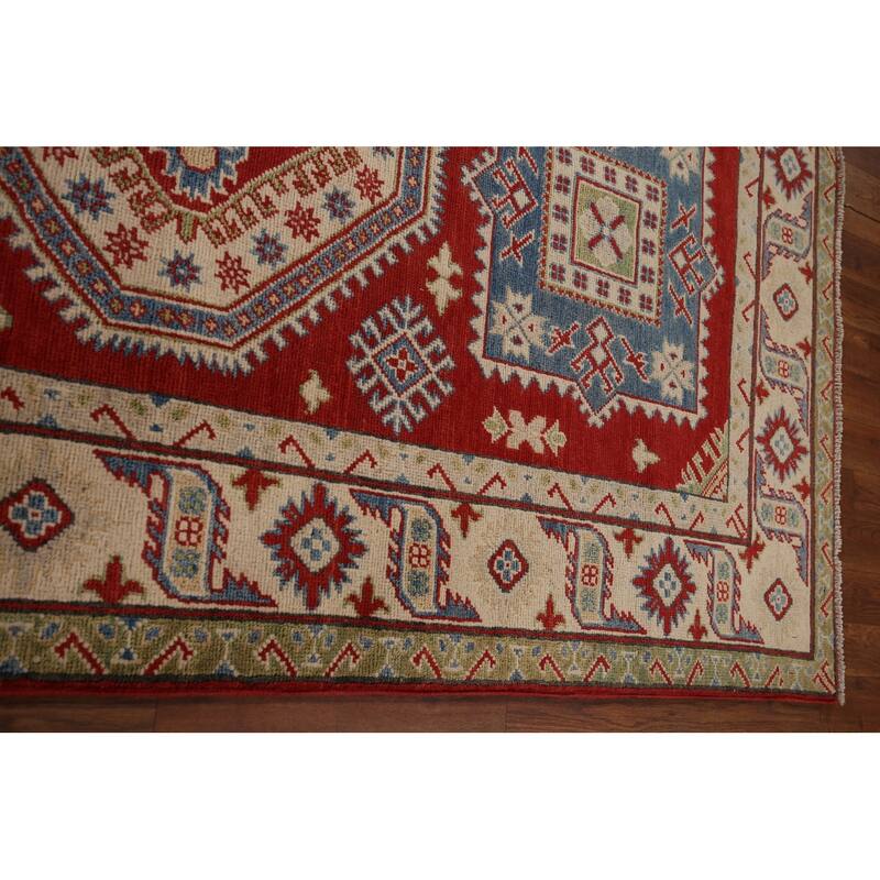 Geometric Red Kazak Runner Rug Hand-Knotted Hallway Wool Carpet - 3'11" x 13'4"