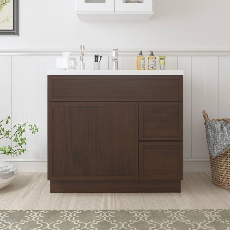 Vanity Art 36" Freestanding Single Base 2 Drawers Storage Cabinet with Soft Close Door - Brown