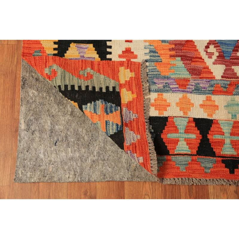 Orange Geometric Kilim Oriental Area Rug Handmade Wool Carpet - 8'7"x 11'3"