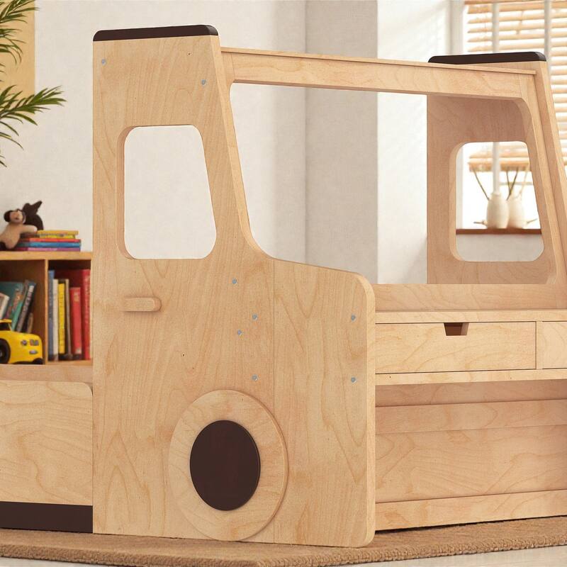 Kids Car Floor Bed with Storage Drawers and Desk, Car-Shaped Wood Floor Bed with Window, Twin Full Sizes