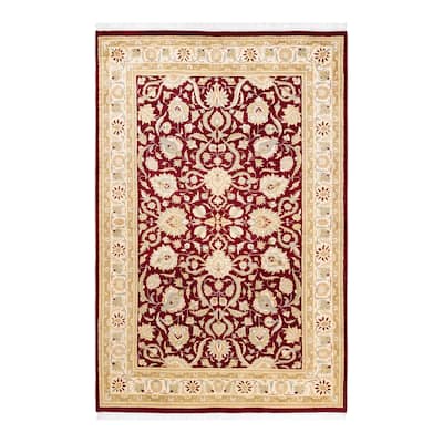Overton Handknotted Wool Traditional Floral Red Area Rug - 4' x 6'