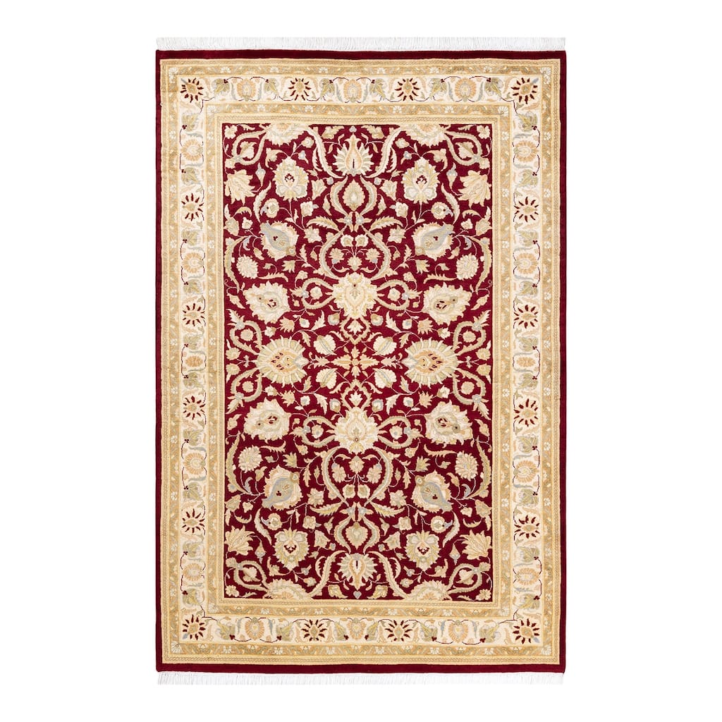 Overton Handknotted Wool Traditional Floral Red Area Rug - 4' x 6'