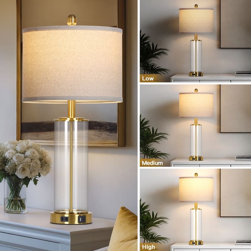 26'' Modern Glass Table Lamp with USB-C Fast Charging, Warm White LED(Set of 2) - 12.5'' x 12.5'' x 26''