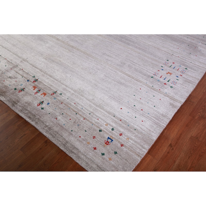 Hand Knotted Oriental 100% Wool Carpet Tribal Stripe Greys & Charcoal Gabbeh Area Rug - 12' 5'' X 9' 2''