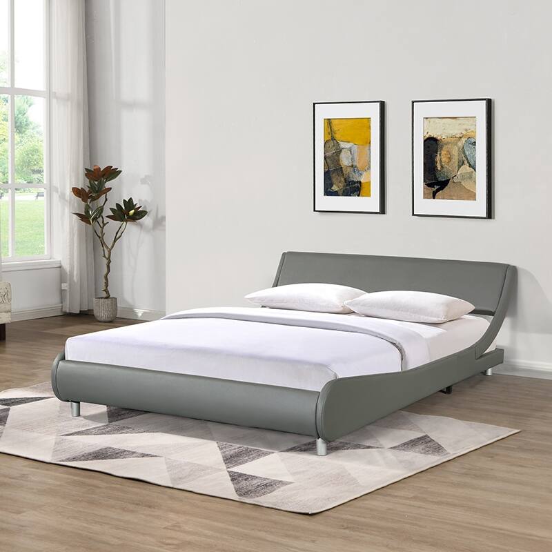 Faux Leather Upholstered Platform Bed Frame with Curve Design Headboard