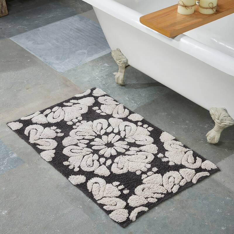 Better Trends Medallion Collection 100% Cotton 3-Pc Set Bathroom Rugs-Soft & Super Absorbent, Non-Skid Latex, Machine Washable - 3 Piece Set (17" x 24" | 20" x 20" | 21" x 34") - Charcoal & Natural