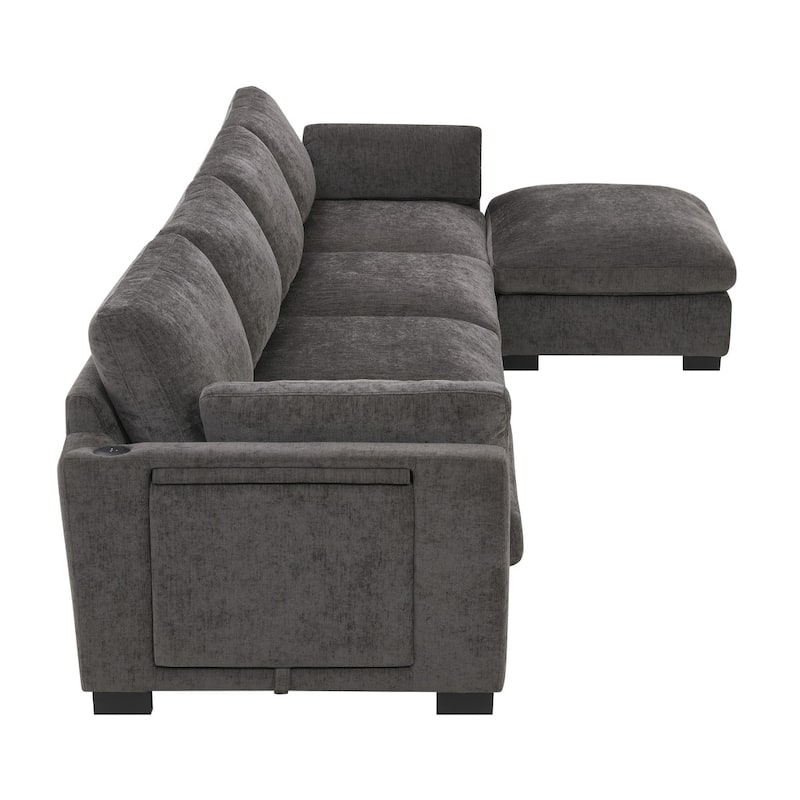130" Modular Chenille L-Shaped Sectional Sofa with Folding Table and Dual-Port Charging, Ottoman