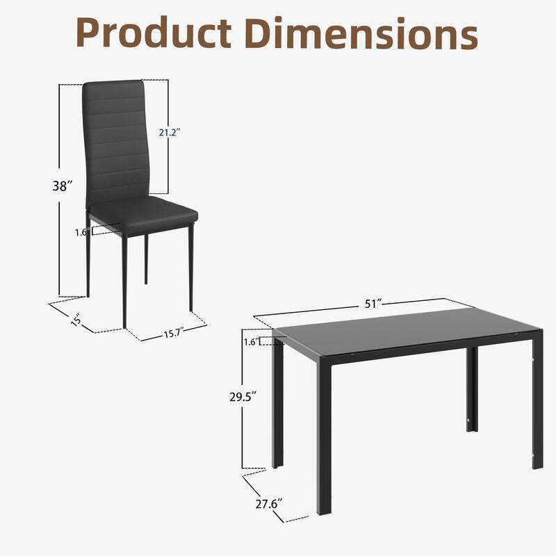 5/7-Piece Glass Top Dining Table Set, Kitchen Table and 4/6 Luxury Faux Leather Chairs, Home Furniture Rectangular Modern, Black