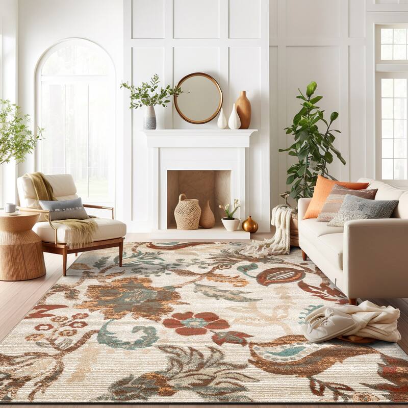 Beige Multi Botanical Scroll Stylish and Durable Area Rug