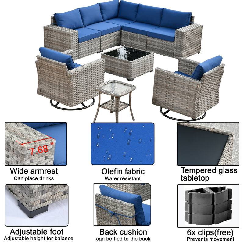 OVIOS 9-piece Patio Wicker Swivel Rocking Chair Set with Glass-Top Tables