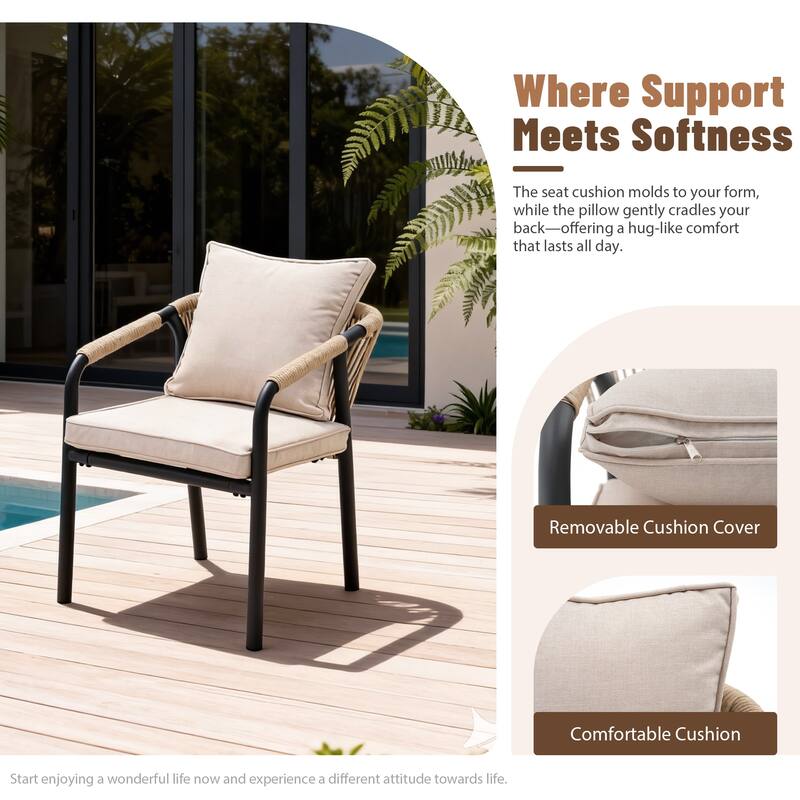 Outdoor Stackable Dining Chair Set of 2 or 4 with PE Wicker Back & Iron Frame