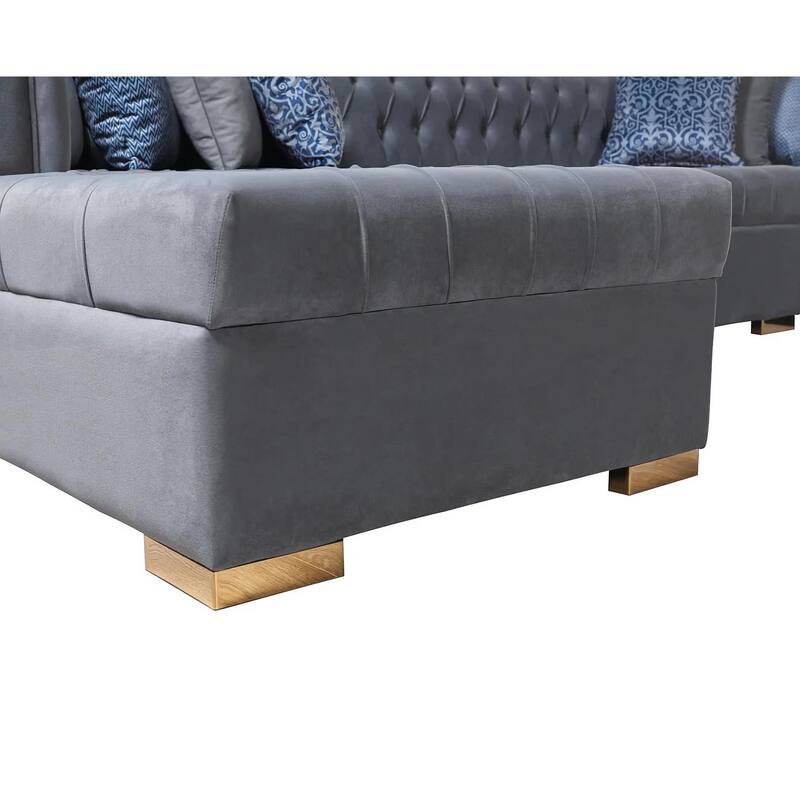 HomeRoots Gray Velvet U Shaped Three Piece Sofa and Chaise Sectional With Toss Pillows