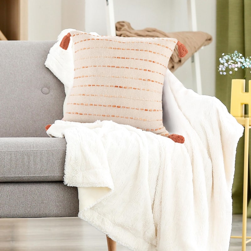 Handmade Stripe Square Throw Pillow with Tassels - 20" - Orange and White