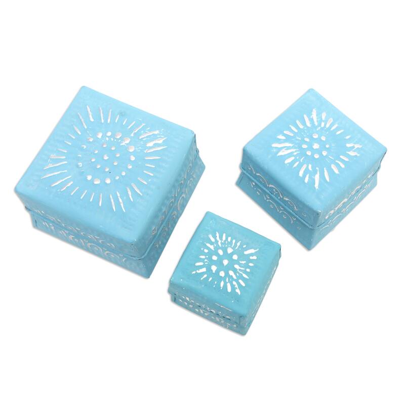 Novica Handmade Shimmering Blue Decorative Aluminum Boxes (Set Of 3)