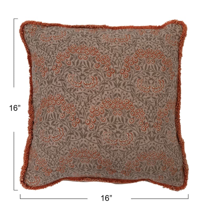 Cotton Pillow with Metallic Printed Floral Pattern and Eyelash Fringe