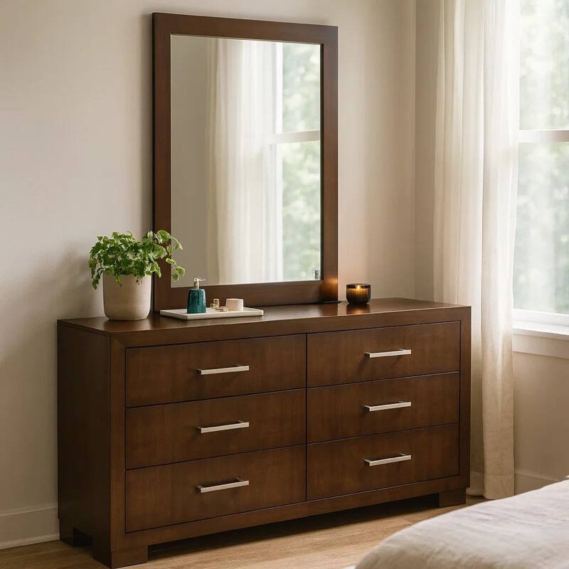 Bela Wide Dresser with Mirror and 6 Drawers, Silver, Cappuccino Brown