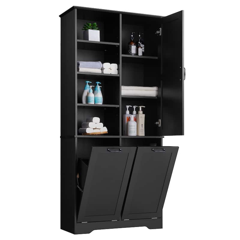 GDFStudio - Elijah Tall Bathroom Cabinet with Tilt-Out Laundry Hampers and Adjustable Shelves