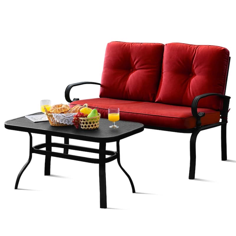 Gymax 2PCS Patio Loveseat & Table Set Conversation Sofa Set w/ Red