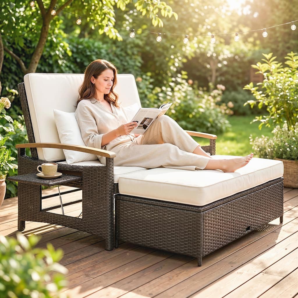 Outsunny Rattan Outdoor Daybed w/4-Level Adjustable Backrest, Patio Sofa Bed w/Loveseat, Storage Ottoman, Acacia Wood Armrest