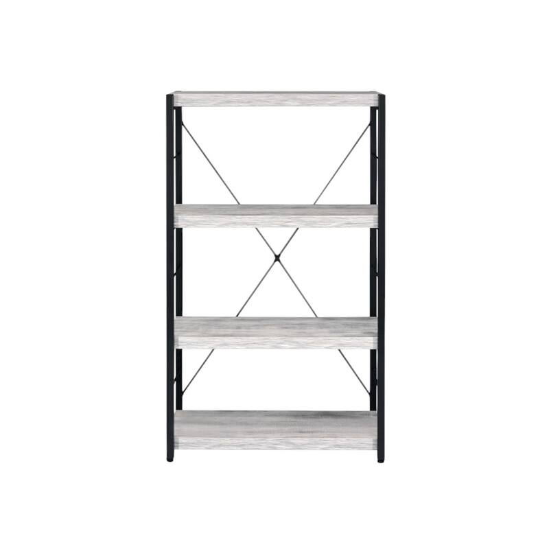 Space-Saving Metal and Wood Etagere Bookcase with Four Fixed Shelves for Living Room or Office - Antiqued White-Black