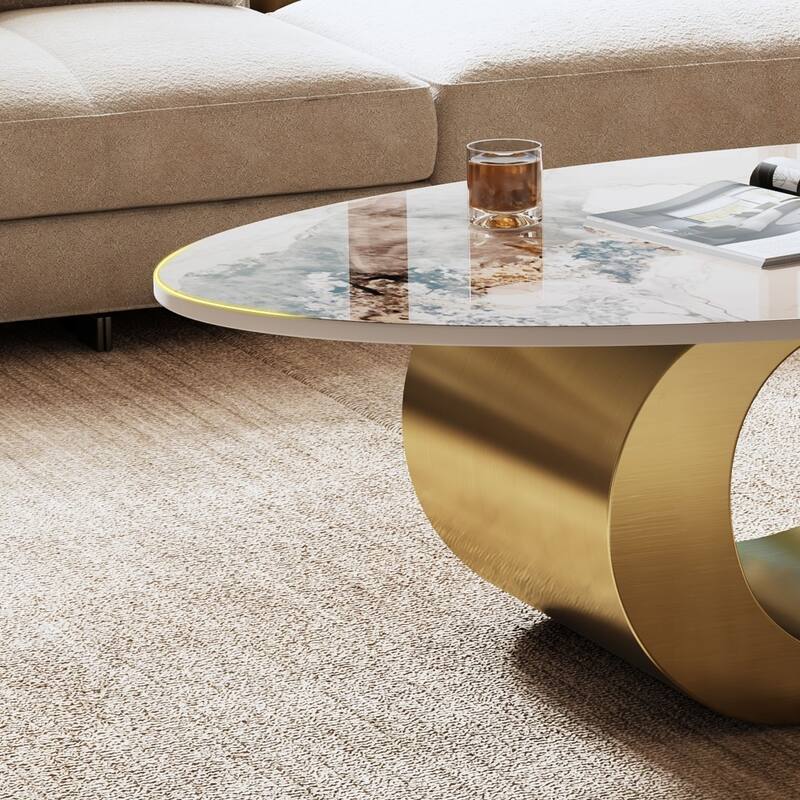Modern Oval Faux Marble Coffee Table with Curved Stainless Steel Base